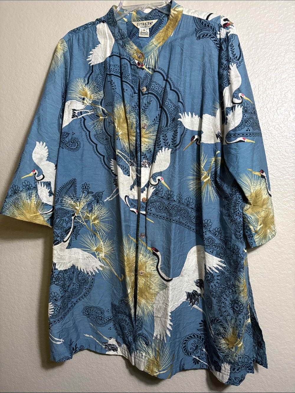 Citron Blue Crane Print Casual Button-Down Shirt